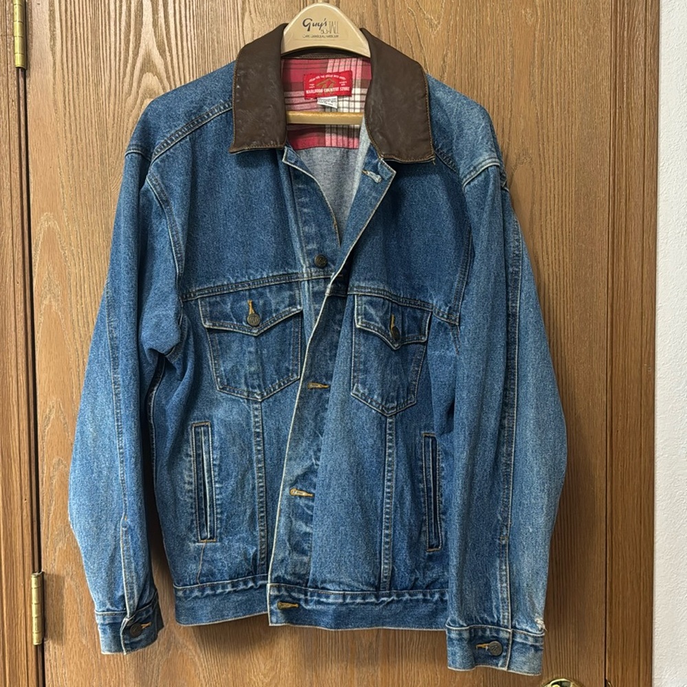 VTG Marlboro Country Store Western Style Denim Jean Jacket Leather Size L